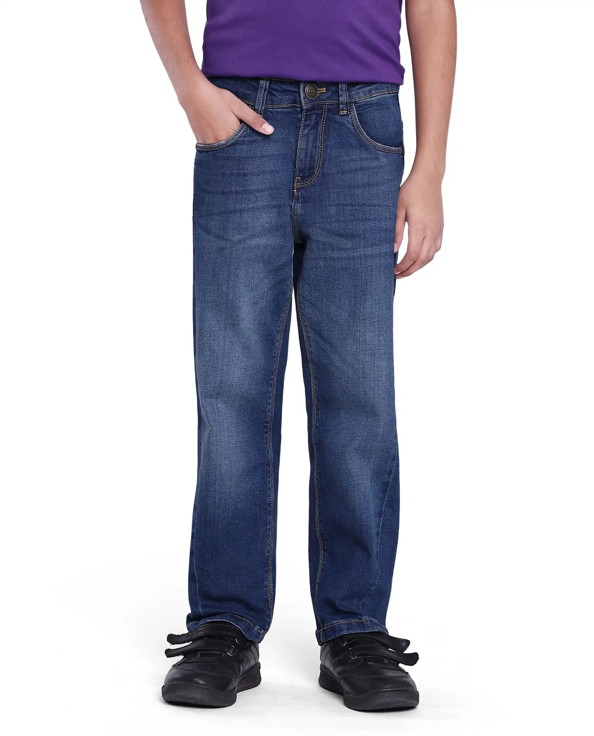 Rare Ones Kids Yosh Blue Cotton Relax Fit Solid Denim Pant