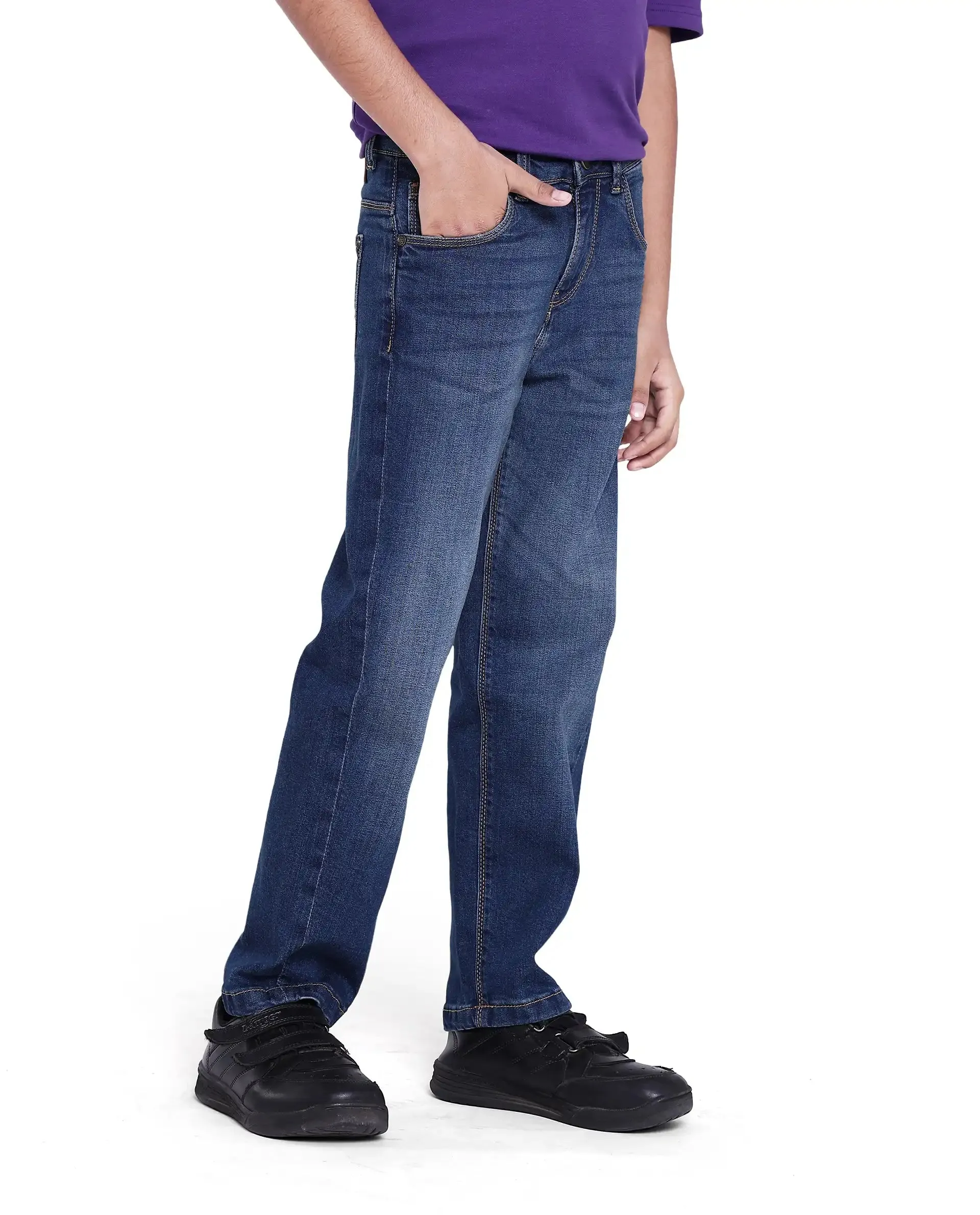 Rare Ones Kids Yosh Blue Cotton Relax Fit Solid Denim Pant