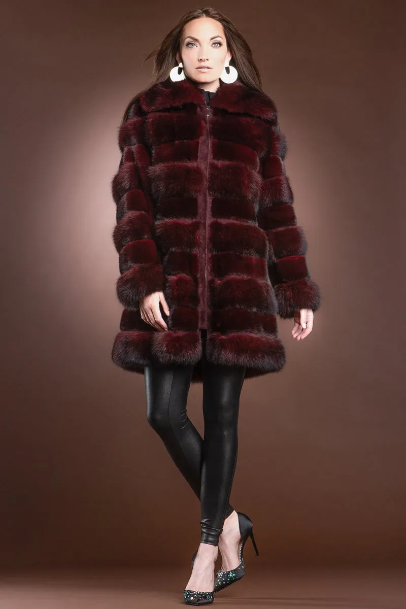 Red Jewel Horizontal Zip-Up Sable and Mink Mid-Length Fur Coat