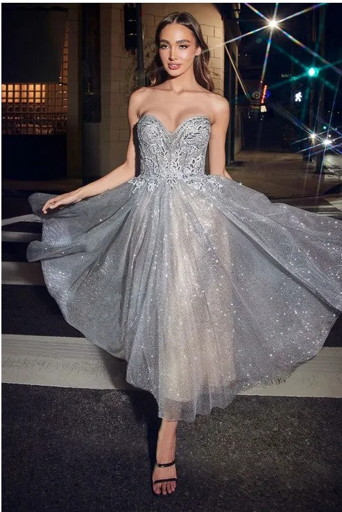 Silver Strapless Tea Length Glitter Dress