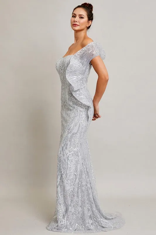 Silver Strapless/Sleeveless Sweetheart Sequin/Glitter Sheath Dress