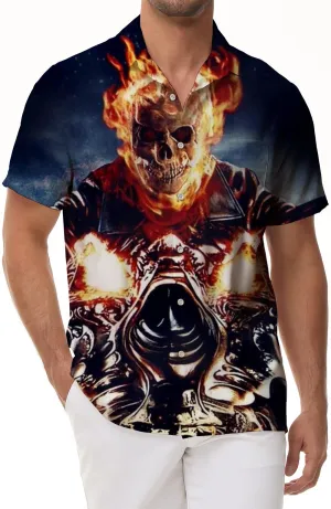 Skull Halloween Hawaiian Men's Casual Button Mixed Color Flame Skeleton King Costume Shirt Short Sleeve