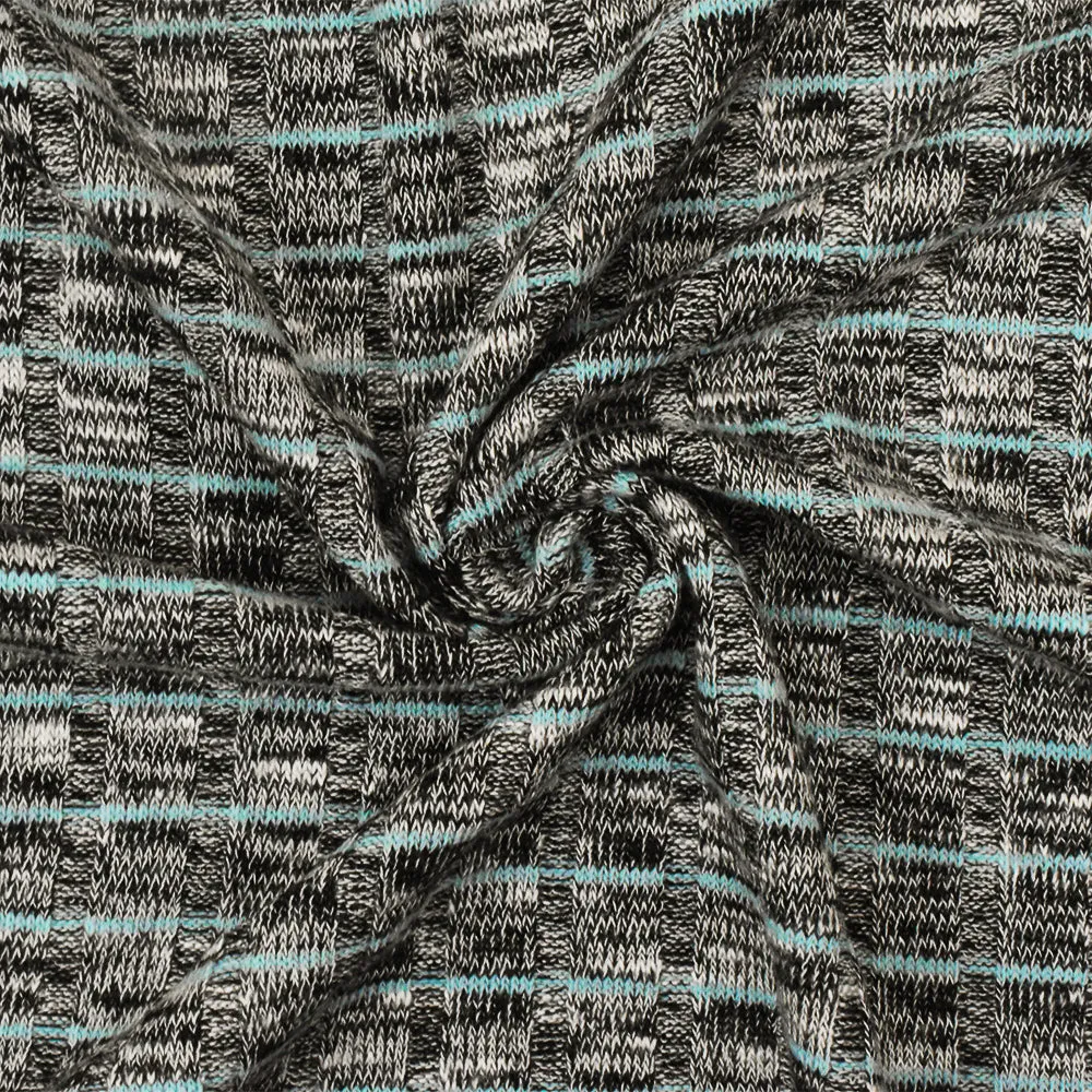 Sky Blue-Black-White Stripe Texture Stretch 9x4 Rib Knit Fabric