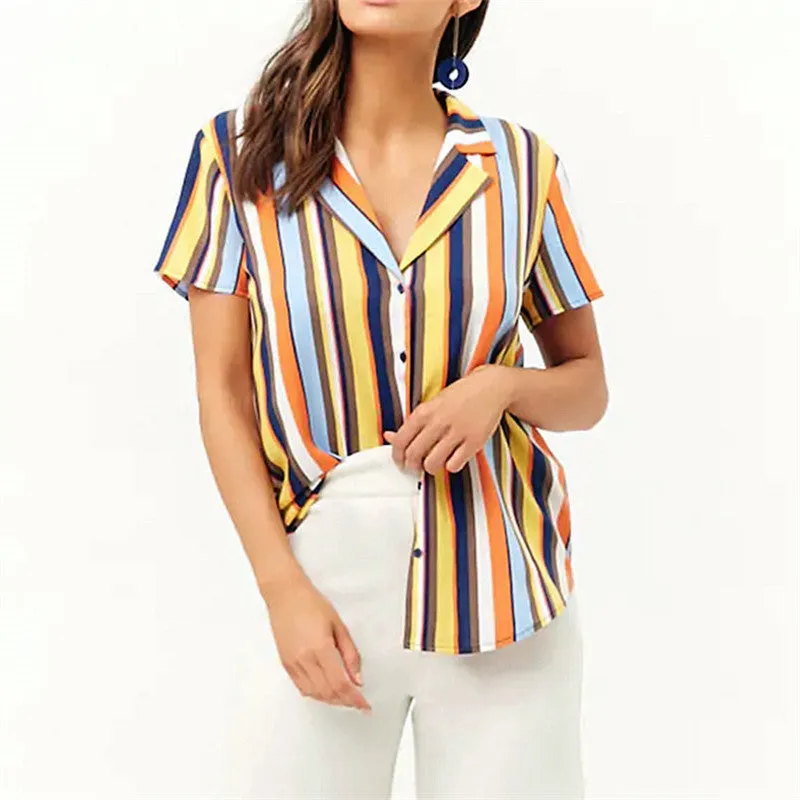 Striped Blouse Women Short Sleeve Chiffon