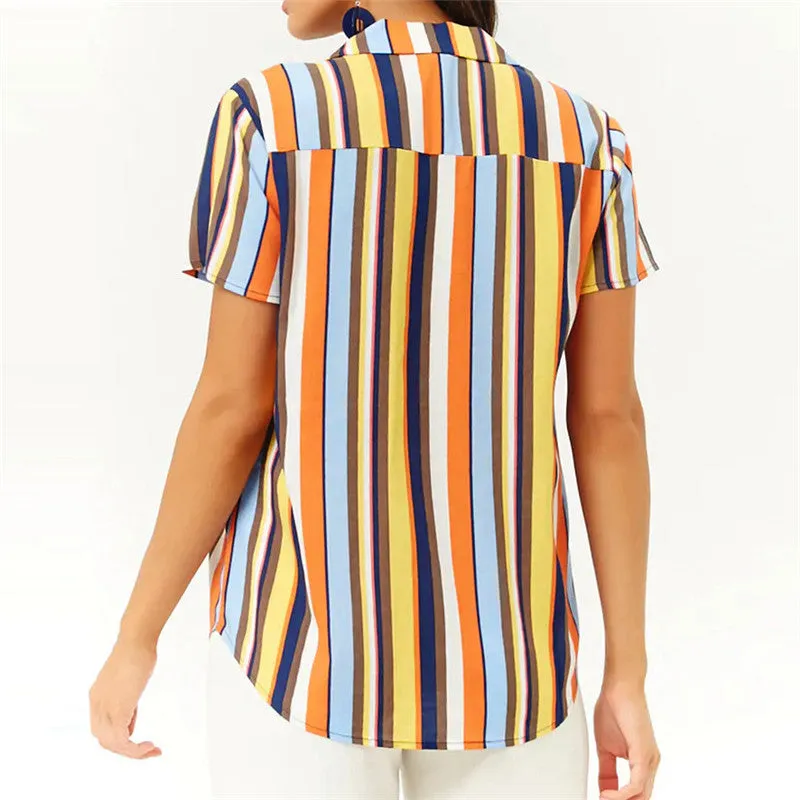 Striped Blouse Women Short Sleeve Chiffon