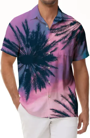 Summer breathable men's loose shirt purple pink coconut short sleeve casual Hawaiian fun button men's beach vacation short sleeve shirt personality