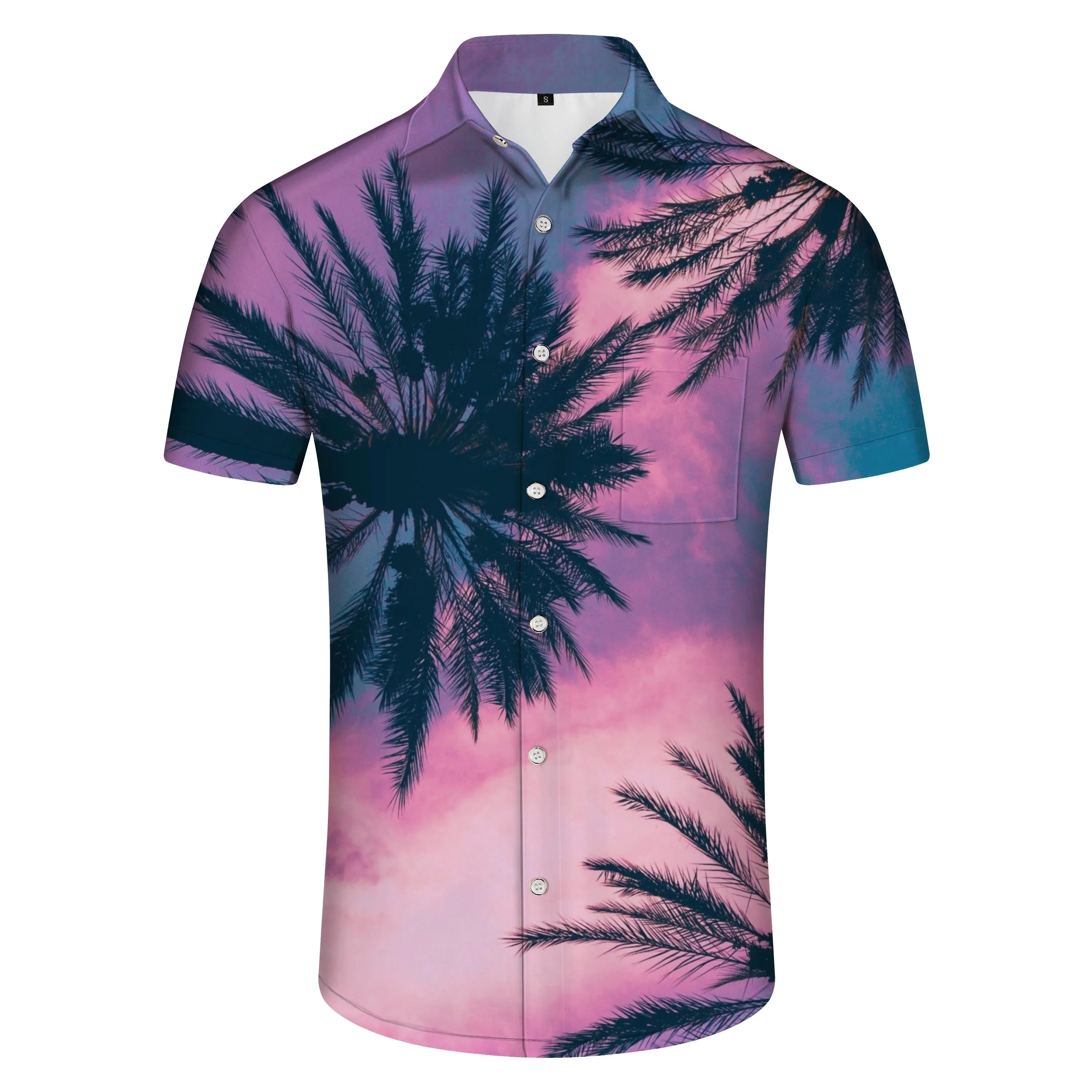 Summer breathable men's loose shirt purple pink coconut short sleeve casual Hawaiian fun button men's beach vacation short sleeve shirt personality