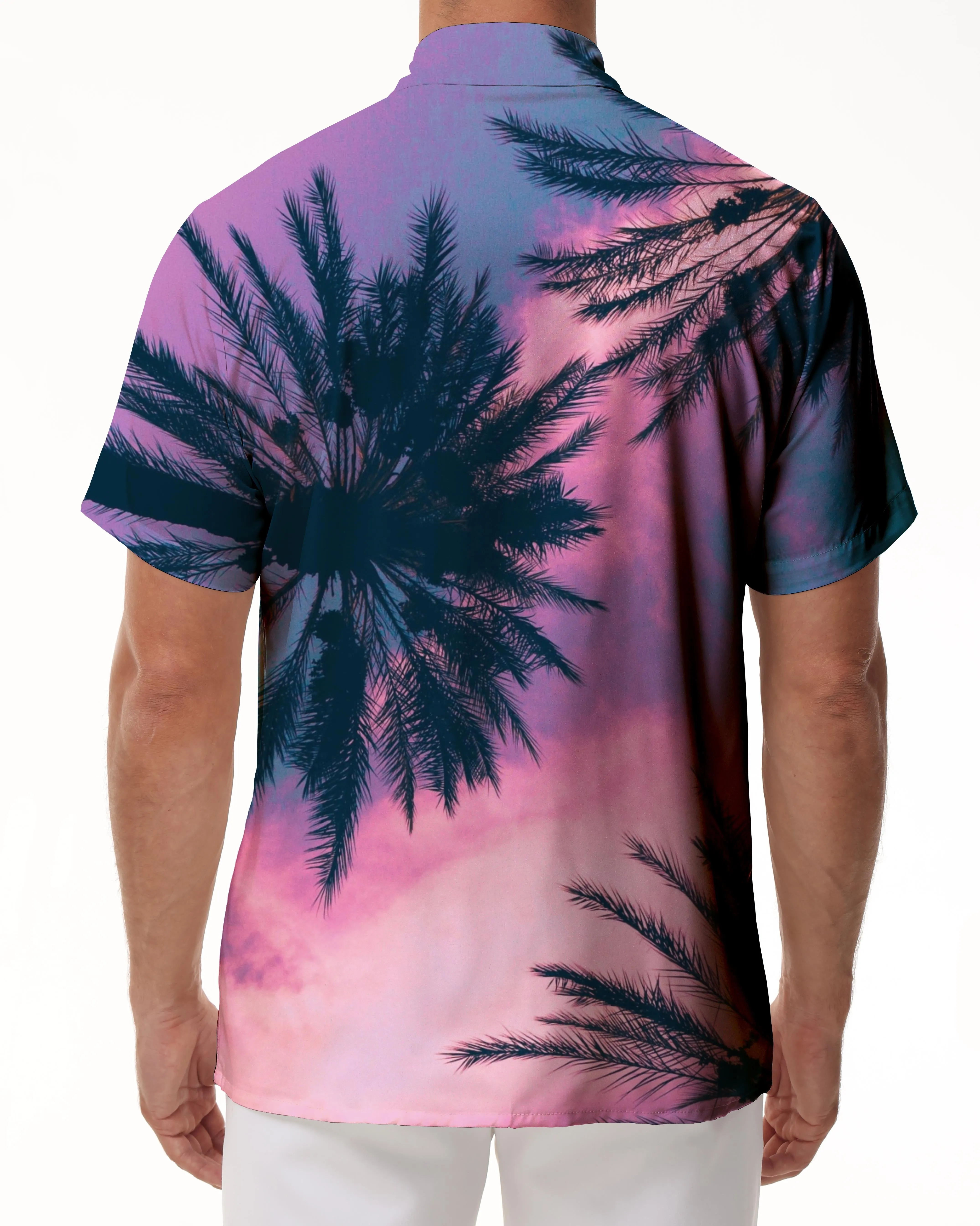 Summer breathable men's loose shirt purple pink coconut short sleeve casual Hawaiian fun button men's beach vacation short sleeve shirt personality