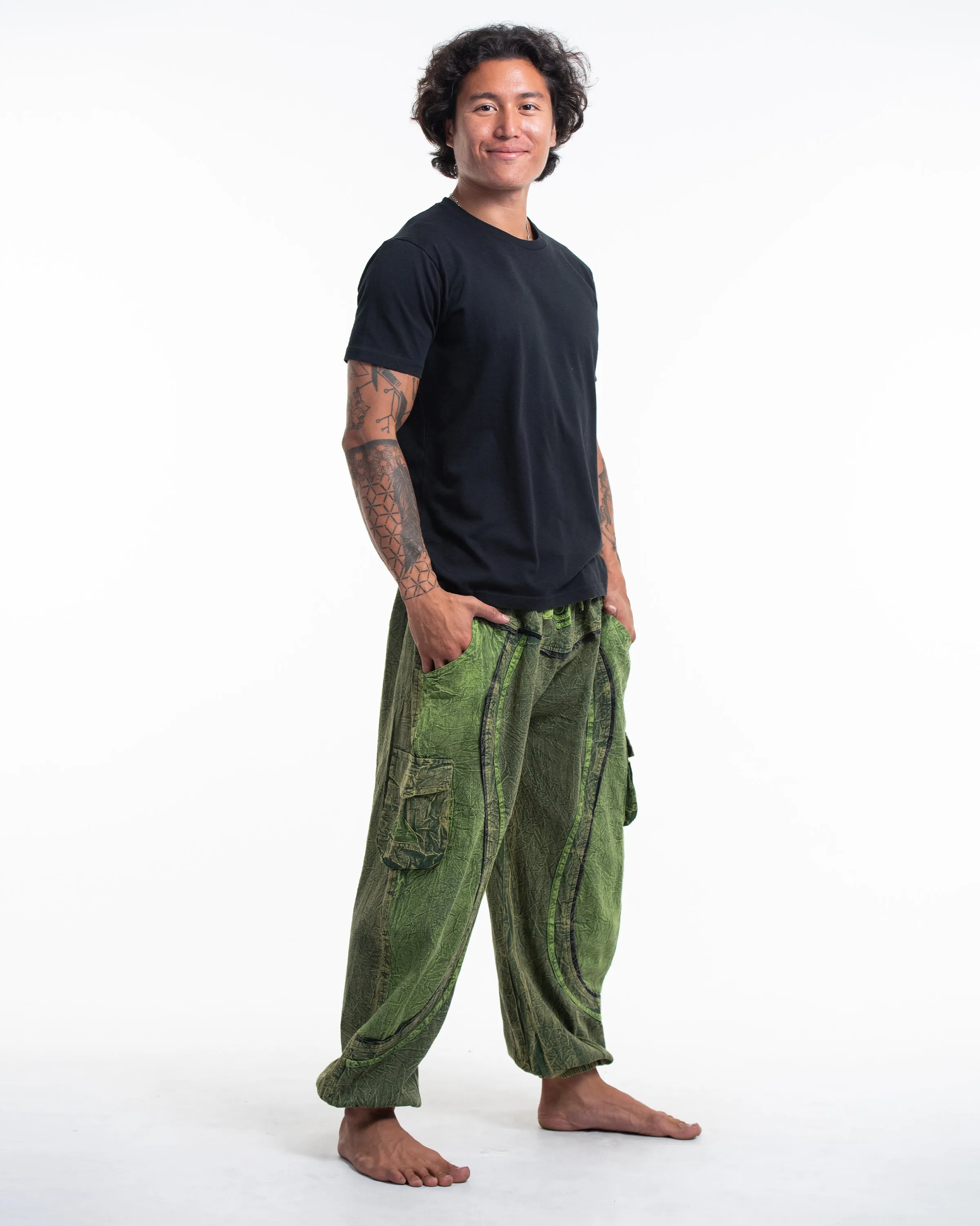 Unisex Patchwork Stone Washed Cargo Cotton Pants in Green 03