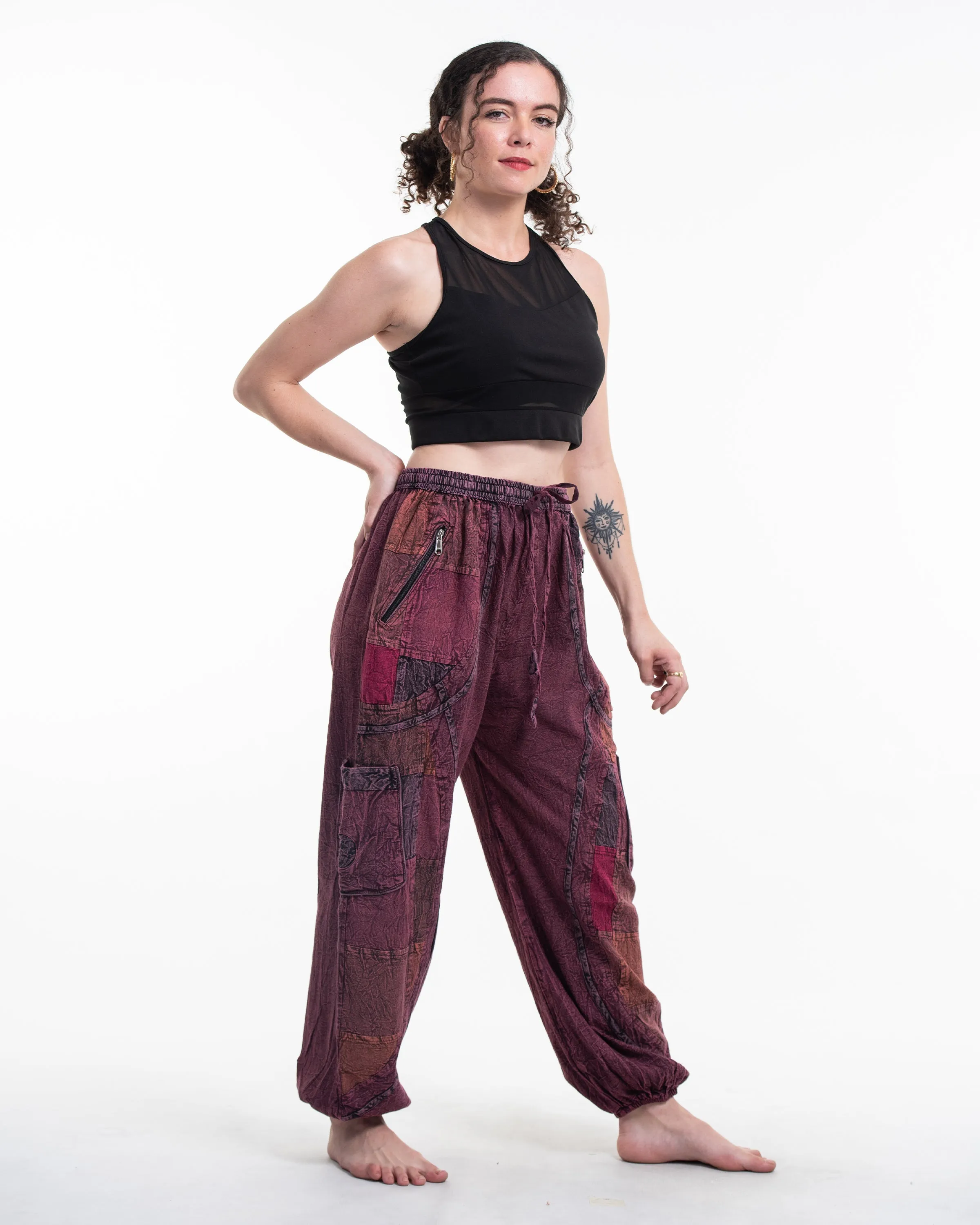 Unisex Patchwork Stone Washed Cargo Cotton Pants in Maroon 02