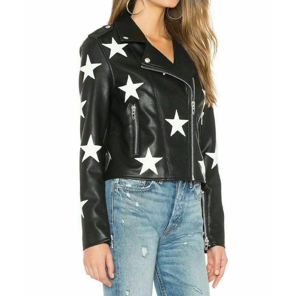 Women Vintage Biker Unique Stars Motorcycle Jacket