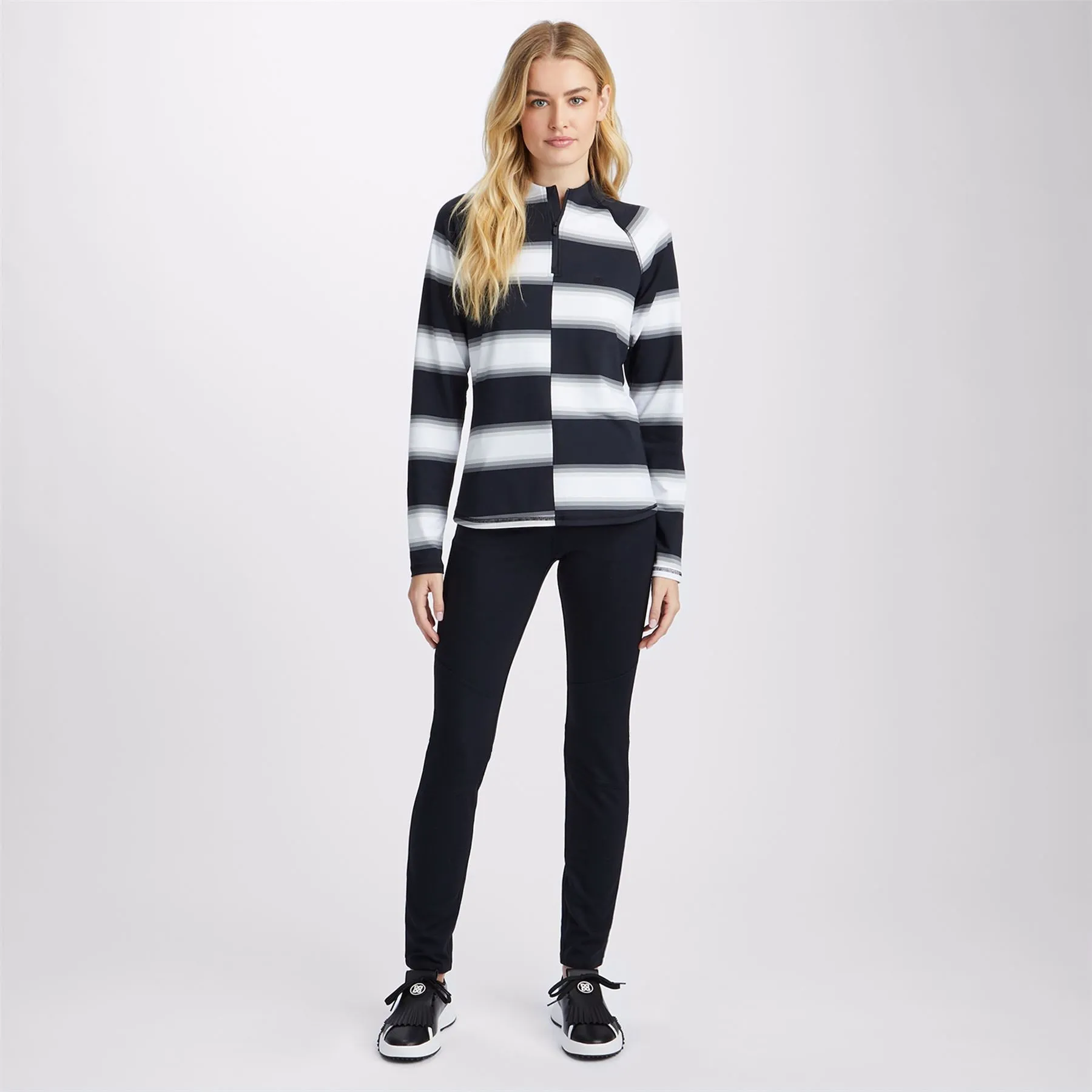 Womens Offset Gradient Stripe Rib Collar Silky Tech Nylon Quarter Zip Pullover Onyx - AW23