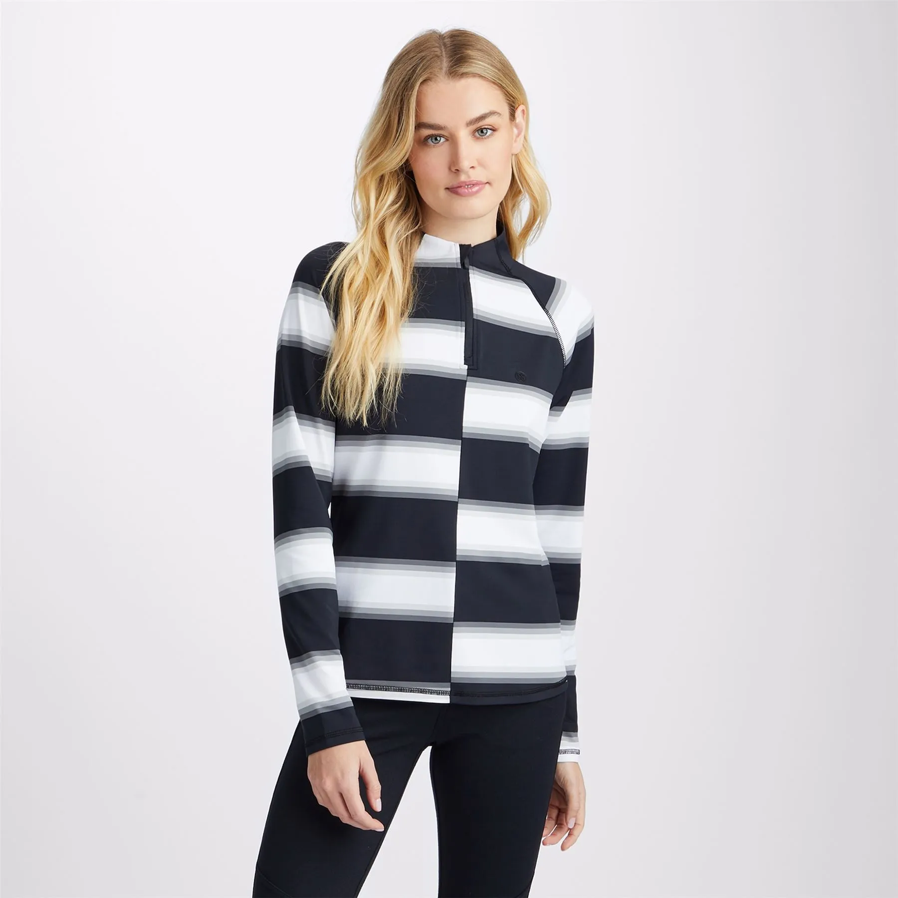 Womens Offset Gradient Stripe Rib Collar Silky Tech Nylon Quarter Zip Pullover Onyx - AW23