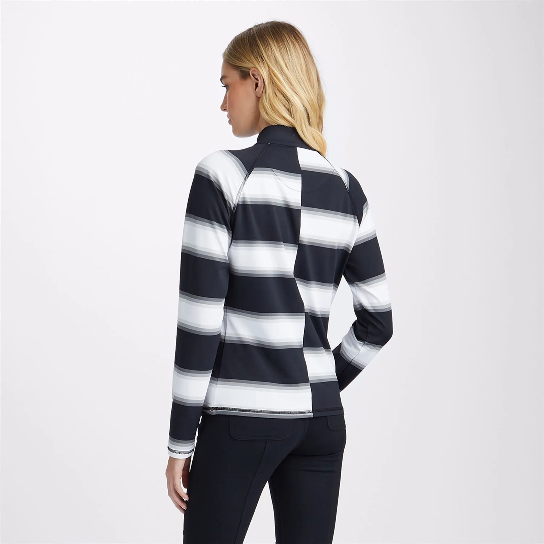 Womens Offset Gradient Stripe Rib Collar Silky Tech Nylon Quarter Zip Pullover Onyx - AW23